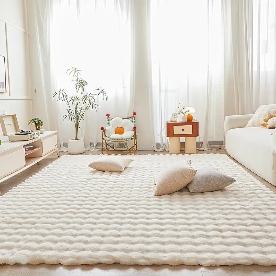 White Creamy Rabbit Plush Area Rug for Bedroom Living Room Sofa,8'X10' Faux Fur Fluffy Shaggy Rectangular Square Rug for Kids Teen Girls Room,Furry Carpet Rug for Nursery Baby Room Decor for Teenage