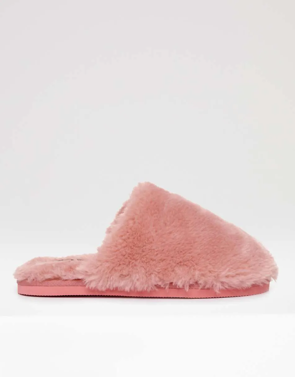 Threadbare Faux fur mule slippers in pink