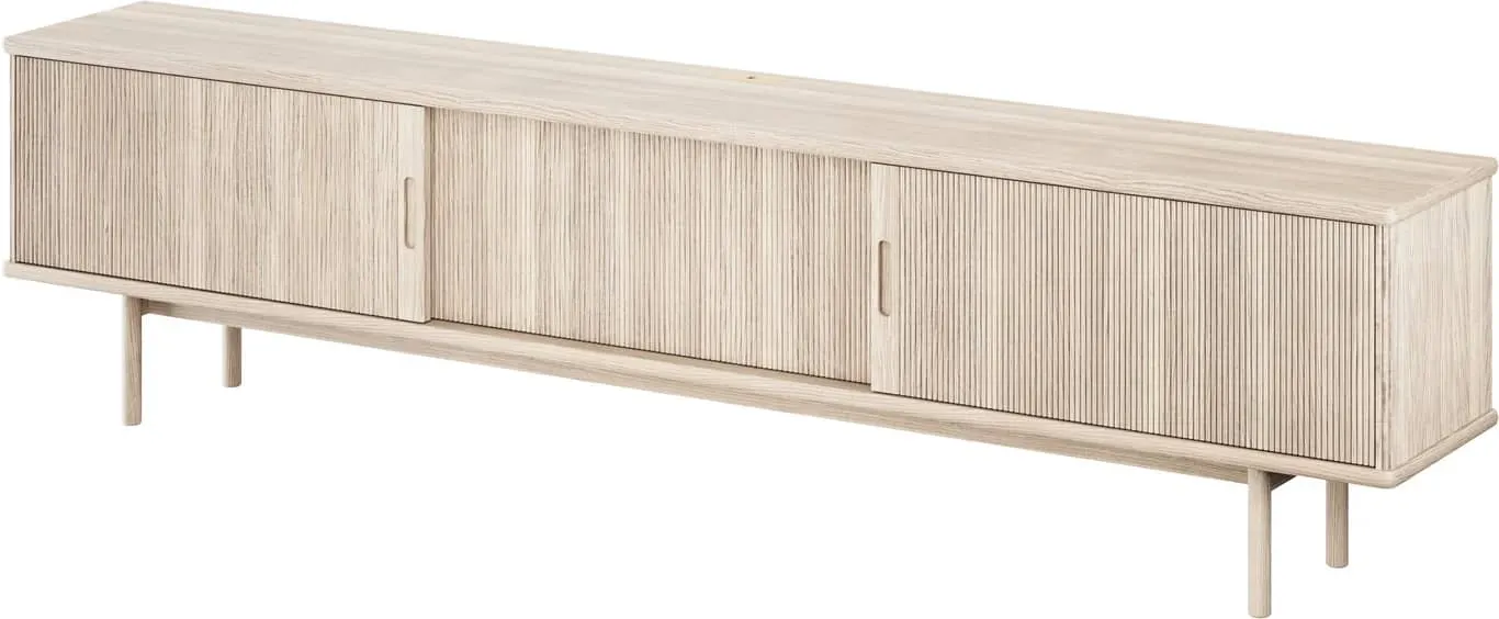 Birk TV-bord 220x55x35 cm med 3 rillede skyvedører, eik / hvit olje