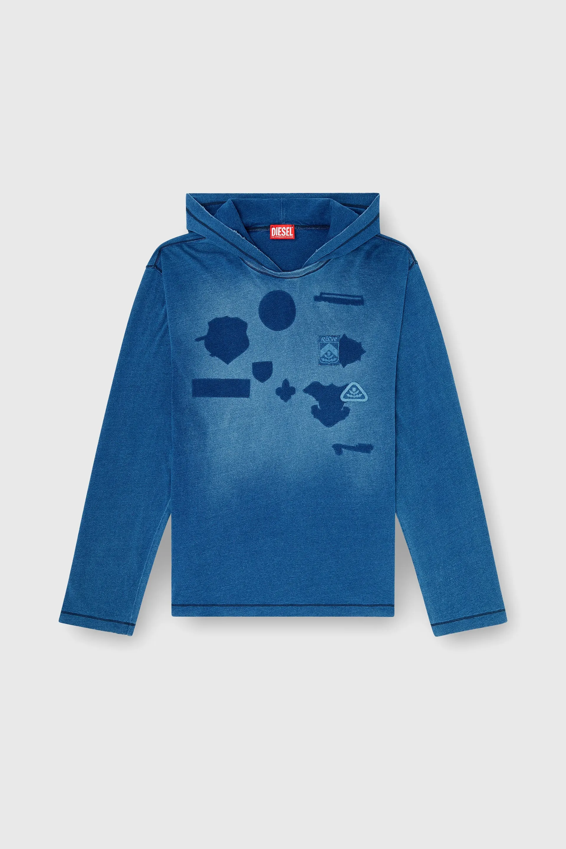 Hooded long-sleeve T-shirt with shadow-effect patches