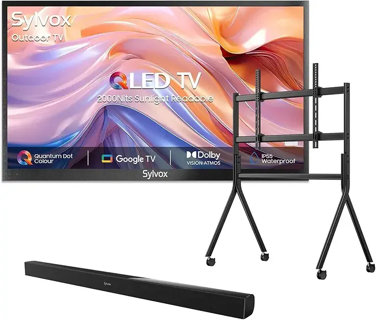 SYLVOX Outdoor TV with Rolling Stand & Soundbar, 65 inch Smart QLED TV, 2000 Nit Full Sun, Weatherproof, 4K UHD, IP55 Waterproof, Commercial Grade (2024 Model)