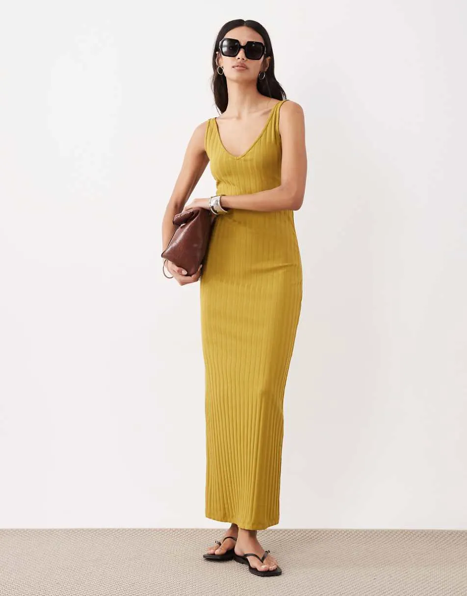 ASOS DESIGN wide rib sleeveless V neck midi dress in mustard