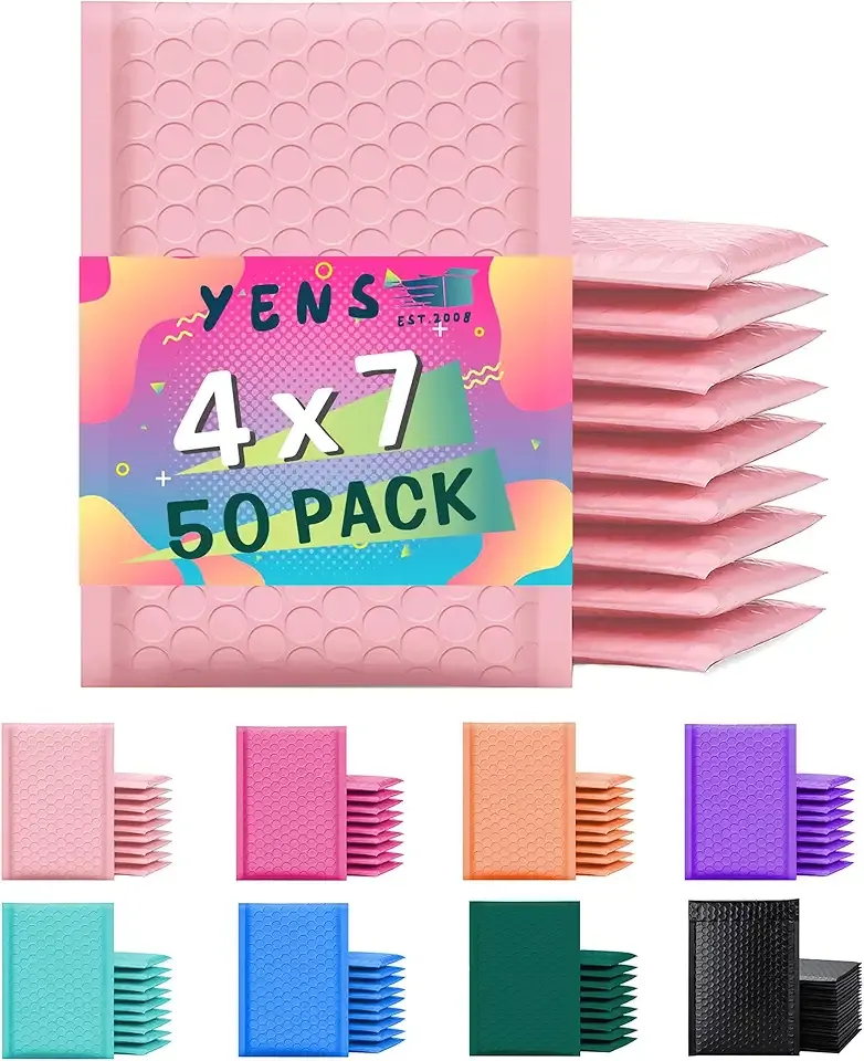 Yens Poly Bubble Mailers 4x8 50 Pack Light Pink Waterproof Self Seal Adhesive Shipping Bags, Cushioning Padded Envelopes for Shipping, Mailing, Packaging Usable 4x7