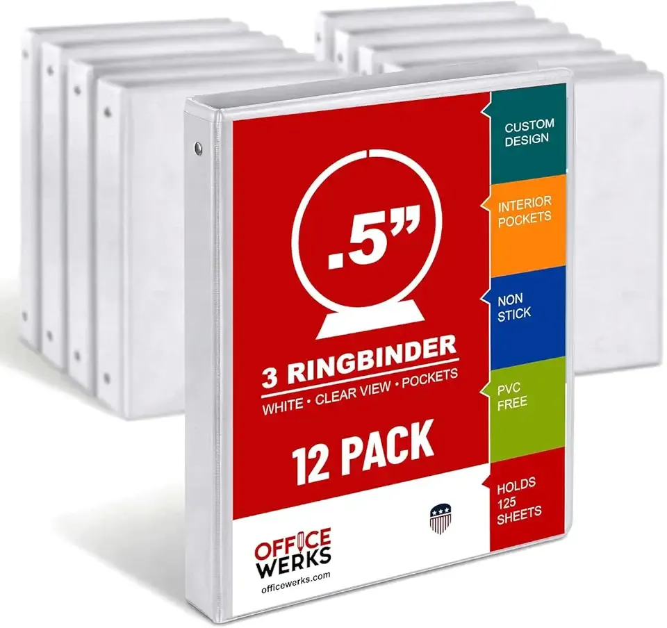 12 Pack of 0.5 Inch 3 Ring Binders, Clear View White Binders with Inside Pockets, Round Rings, Fit 8.5 x 11 Inches, School & Office Supplies
