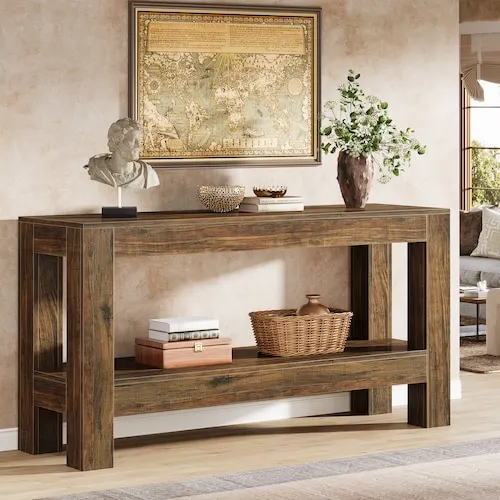 Byblight 63 in. Farmhouse Walnut Brown Wooden Console Table with 2‑Tier Storage Accent Table for Living Room Entryway Foyer