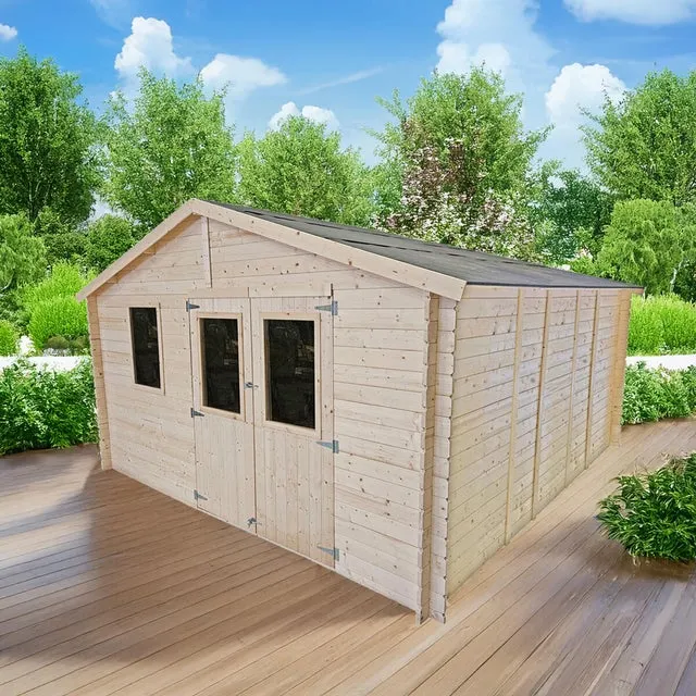 Casetta da giardino in legno naturale 4 x 5 m, superficie esterna 19.56 m² e spessore parete 25 mm, senza pavimento porta a due ante, Elorè