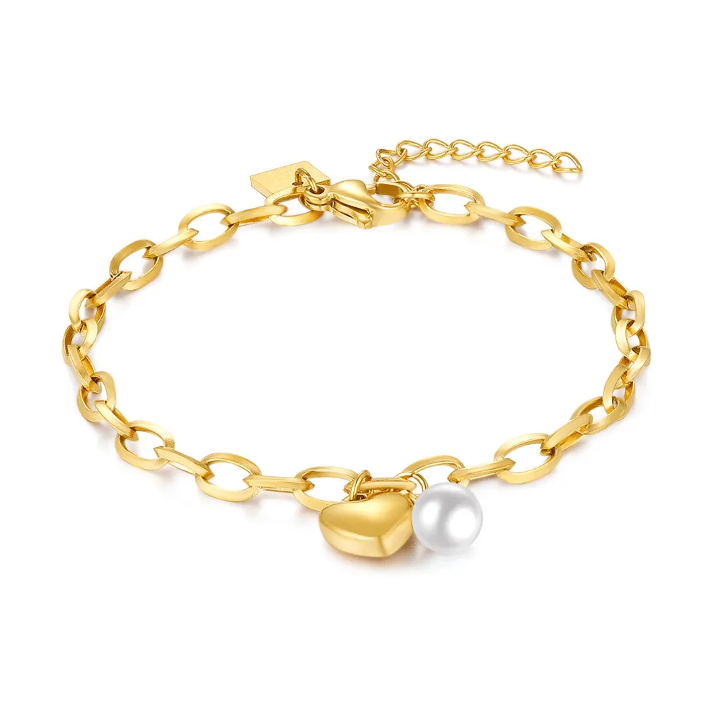 Armband in goudkleurig edelstaal, ovale schakels, hart, 1 parel