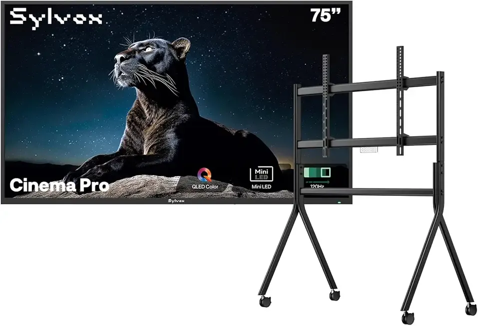 SYLVOX Outdoor TV with Rolling Stand, 75 inch Mini-LED QLED TVs for Outdoor Use, 3500nits Super High Brightness, 120Hz, IP55 Waterproof, Compatible with Google & Dolby Atmos (Cinema Pro/2025)