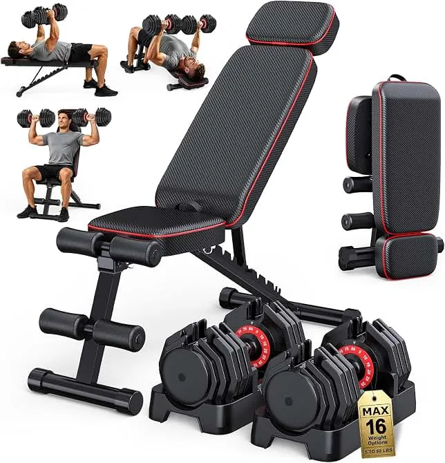 Rendpas Adjustable Dumbbell Set with Workout Bench at Home | 25/55/80LB Pair, 1-Second Quick Adjust, Dual-Lock Safety, Space-Saving Tray, 800lb Rated, Foldable Design