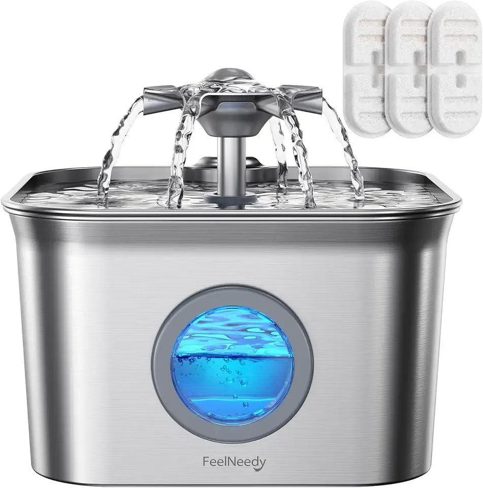 Stainless Steel Cat Water Fountain, 2.8L with 20dB Ultra-Quiet Pump- Ideal for Timid Pets, LED Water Level Window, Dishwasher Safe, 24/7 Circulation- Includes 3 Replacement Filters