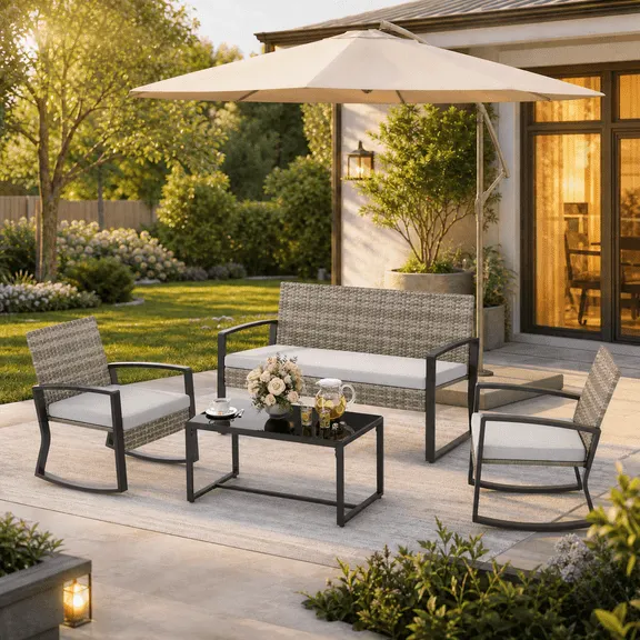 Rocking Wicker Outdoor Bistro 4‑Piece Set, All‑Weather Patio Furniture with Thick Cushions & Glass‑Top Coffee Table for Backyard Pool Porch,Light Grey