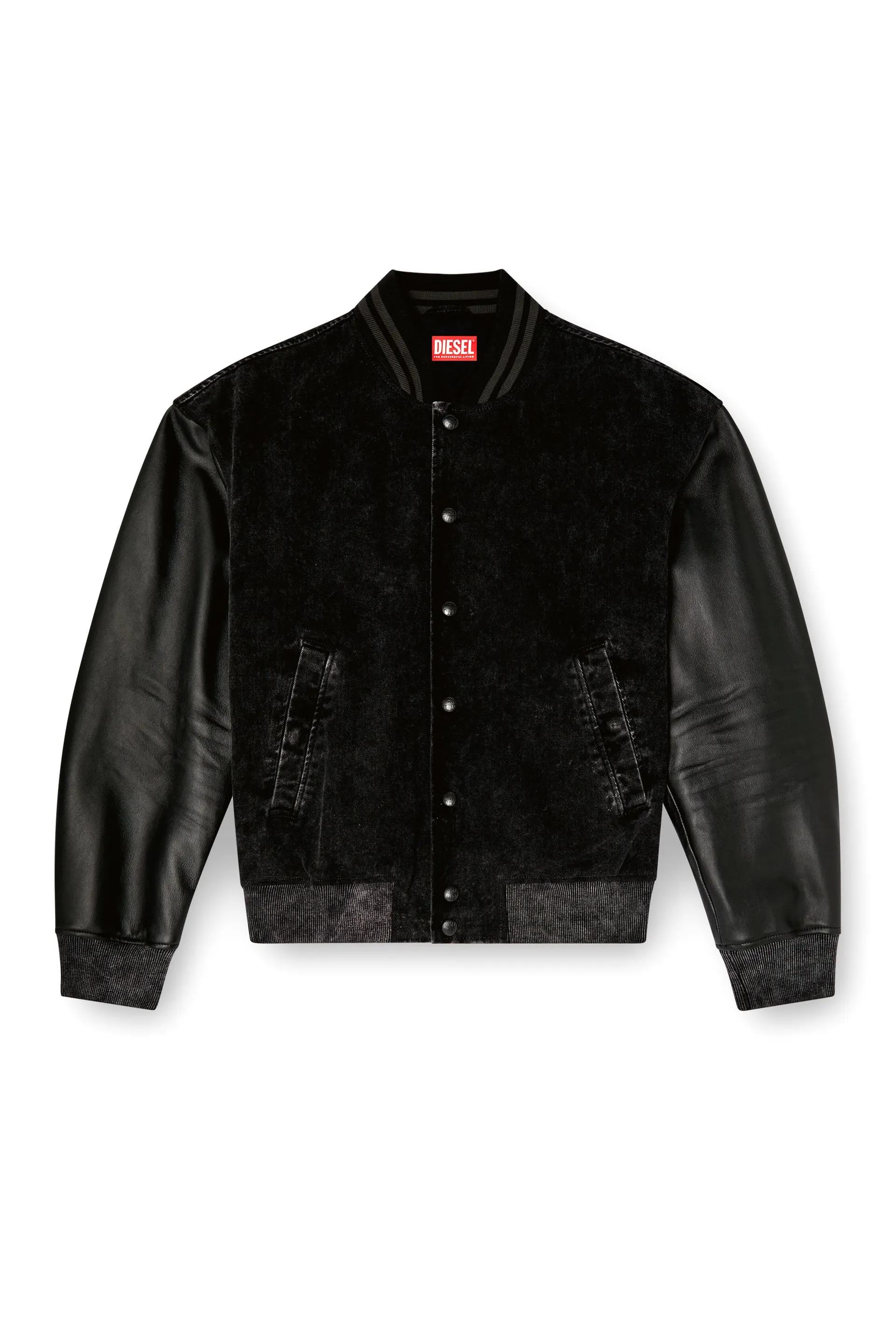 Denim and leather bomber jacket