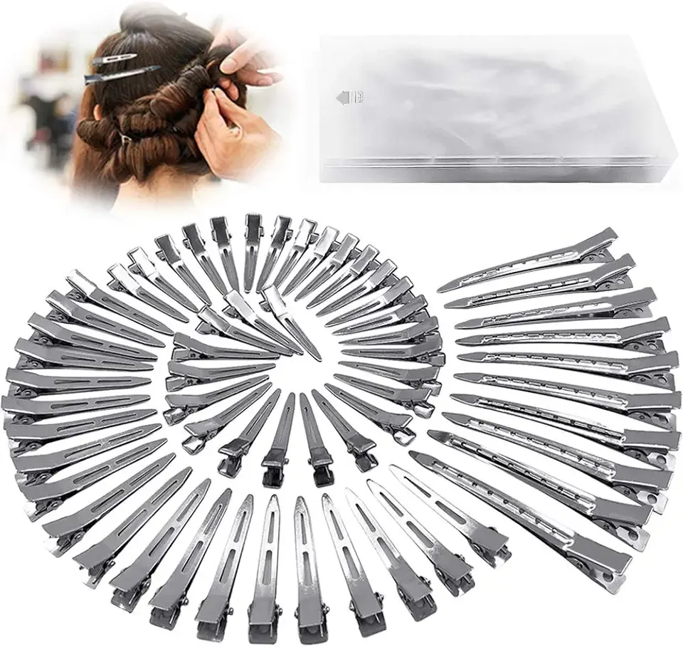HiJeaton 60Pcs Metal Duck Billed Hair Clips for Women Styling Sectioning, Silver Hair Pins for Long Hair, Alligator Curl Loc Clips for Thick Hair Roller, Salon, Bows DIY