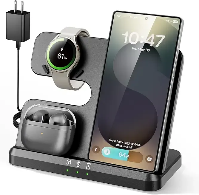 3 in 1 Charging Station for Samsung, Wireless Charger Stand for Galaxy S25 Ultra/S24/S23/Z Fold, Phone and Watch Charger Fast Charging for Samsung Watch Galaxy 8/7/6/5, Galaxy Buds 3/2/Pro