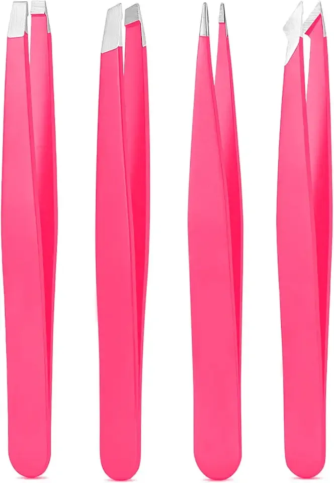 Derlaier Tweezers Set Professional High Precision Stainless Steel Eyebrow Remover Ingrown Hair & Splinter Removal Kit Facial Hair Grooming Tools for Men Women Pink 4 Pcs