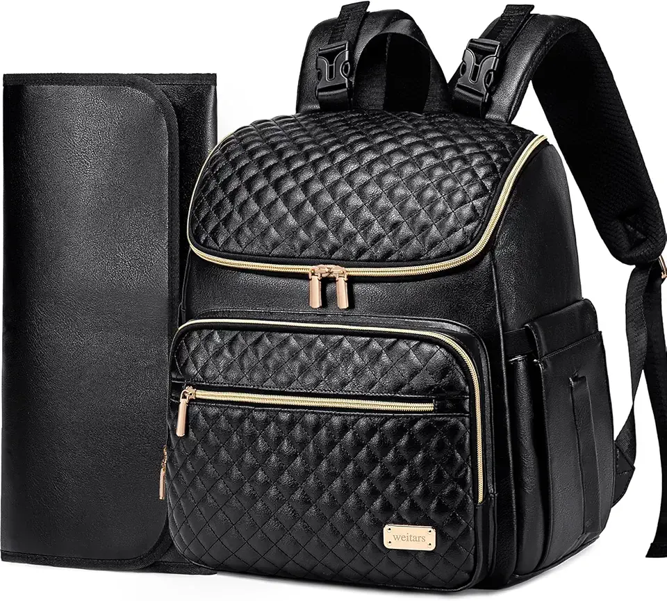 Weitars Diaper Bag Backpack Leather Baby Diaper Bag with Changing Pad Travel Diaper Backpack,Baby Bag for Mom,Stroller Straps,5 Insulated Pockets (Black Leather)