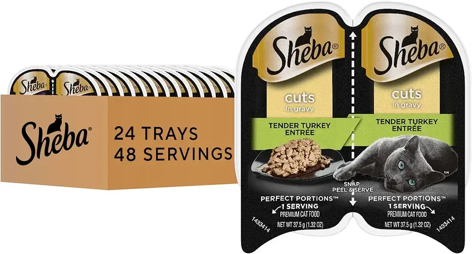 Sheba Perfect Portions Wet Cat Food Cuts in Gravy, Tender Turkey Entree, 2.6 oz. Twin-Pack Trays (24 Count, 48 Servings)