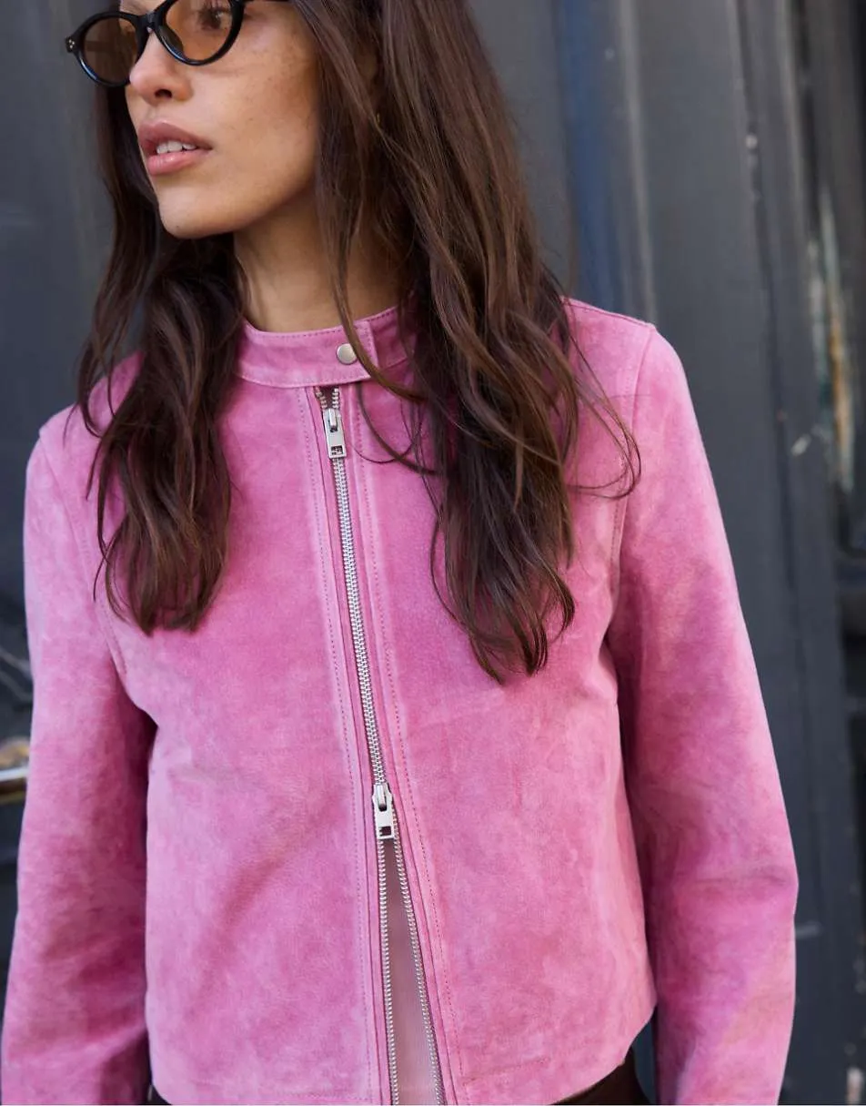 Stradivarius 100% leather biker jacket in bubblegum pink
