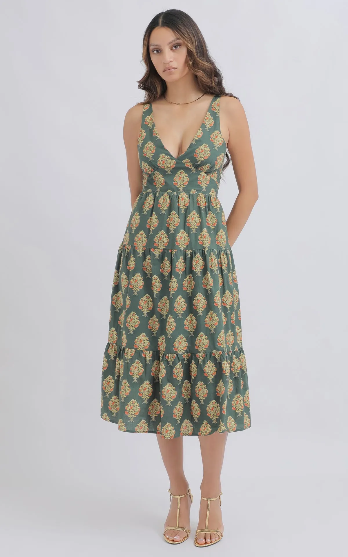 Cotton Poplin V Neck Midi Dress