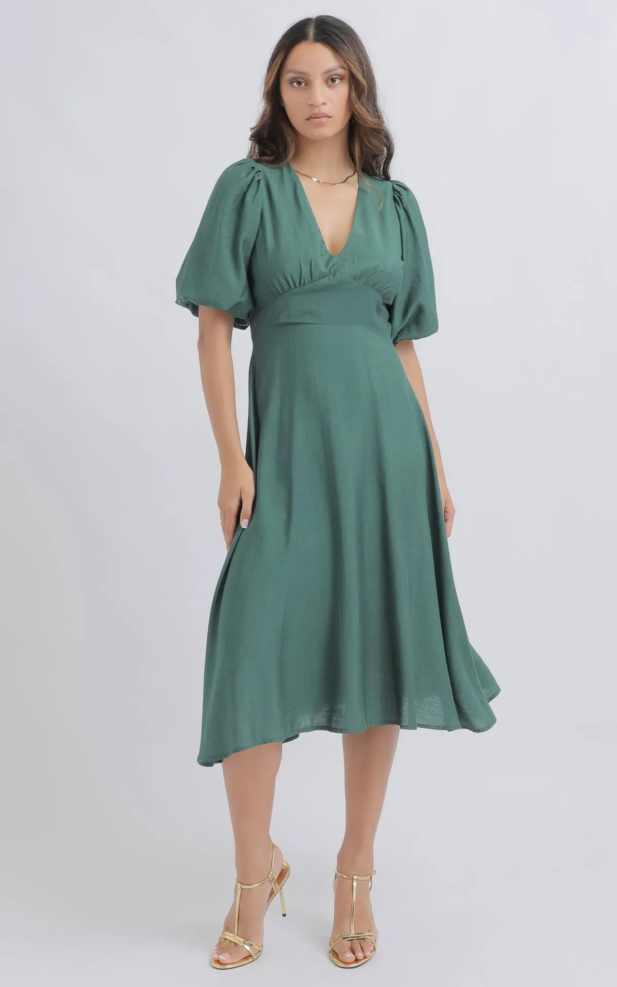 Voile V Neck Puff Sleeve Dress