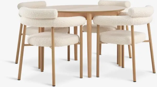 MARSTRAND + BREUM MARSTRAND Ø110 tafel naturel eiken + 4 BREUM gebroken wit