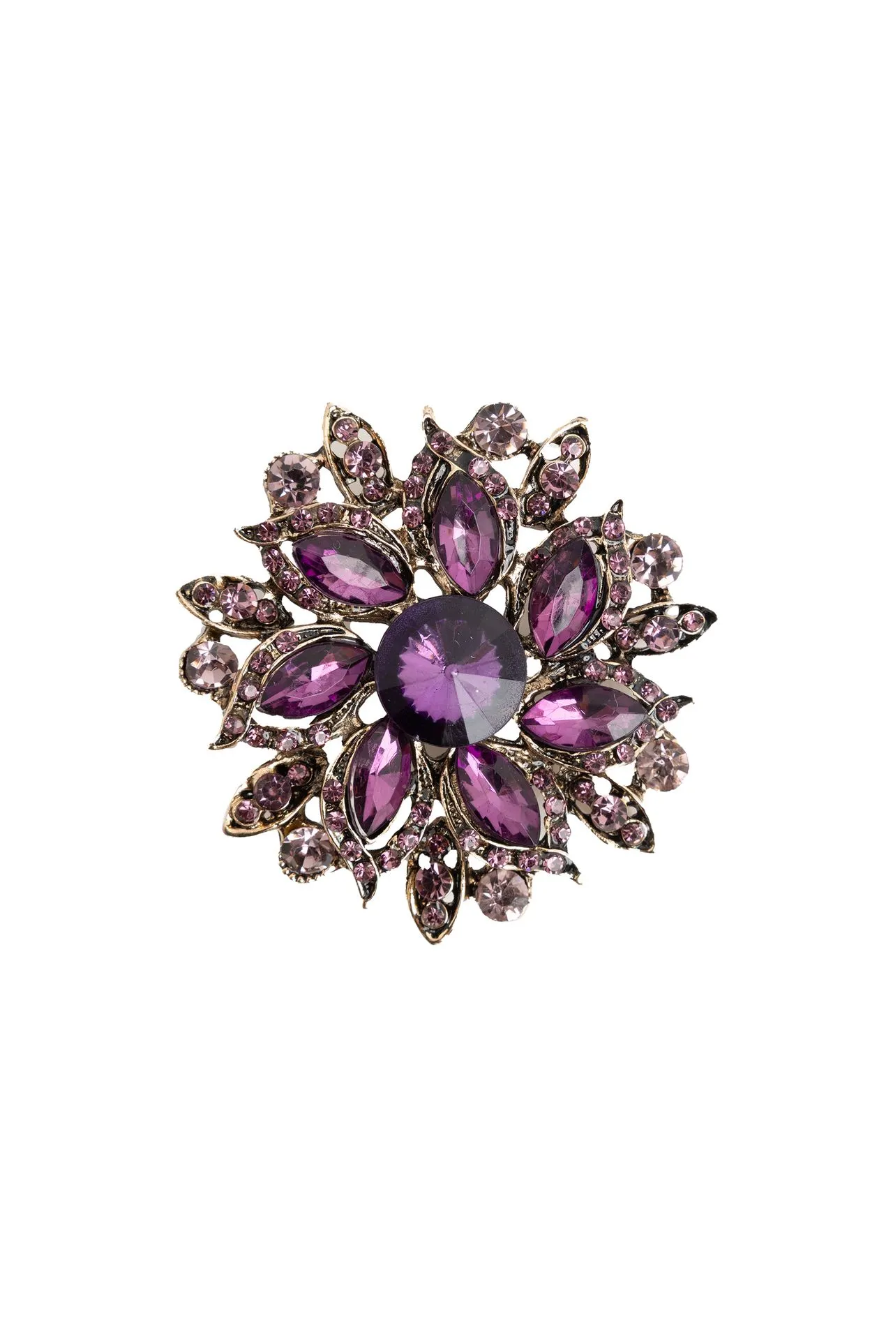 Goudkleurige broche met paarse stenen