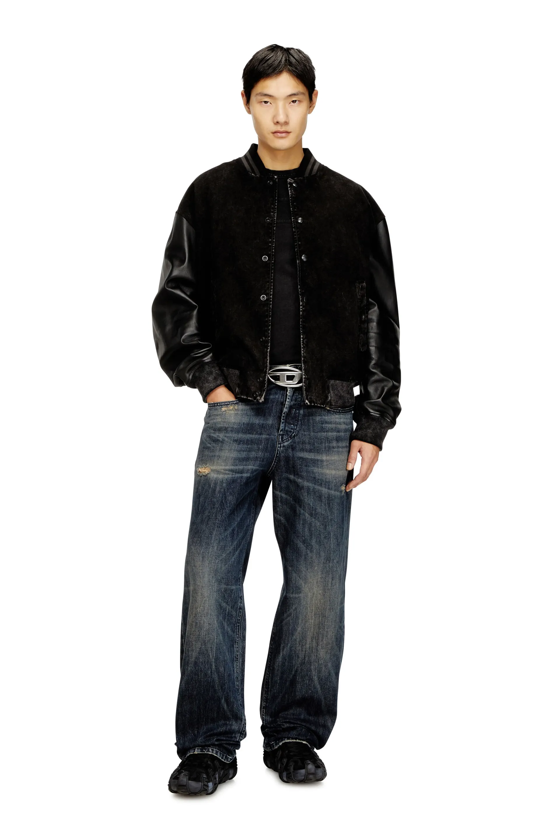 Denim and leather bomber jacket