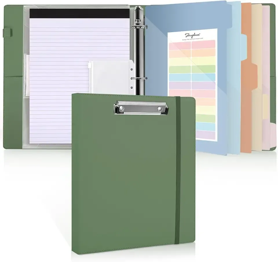 SKYDUE Clipboard Binder with Refillable Notepad, PU Clipboard Folder Includes 5 Dividers with 10 Pockets, Labels, 3 Ring Binder 1 Inch for School Office (Fit Letter Sized Paper),Olivegreen