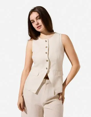 Gilet - Effetto lino - Beige
