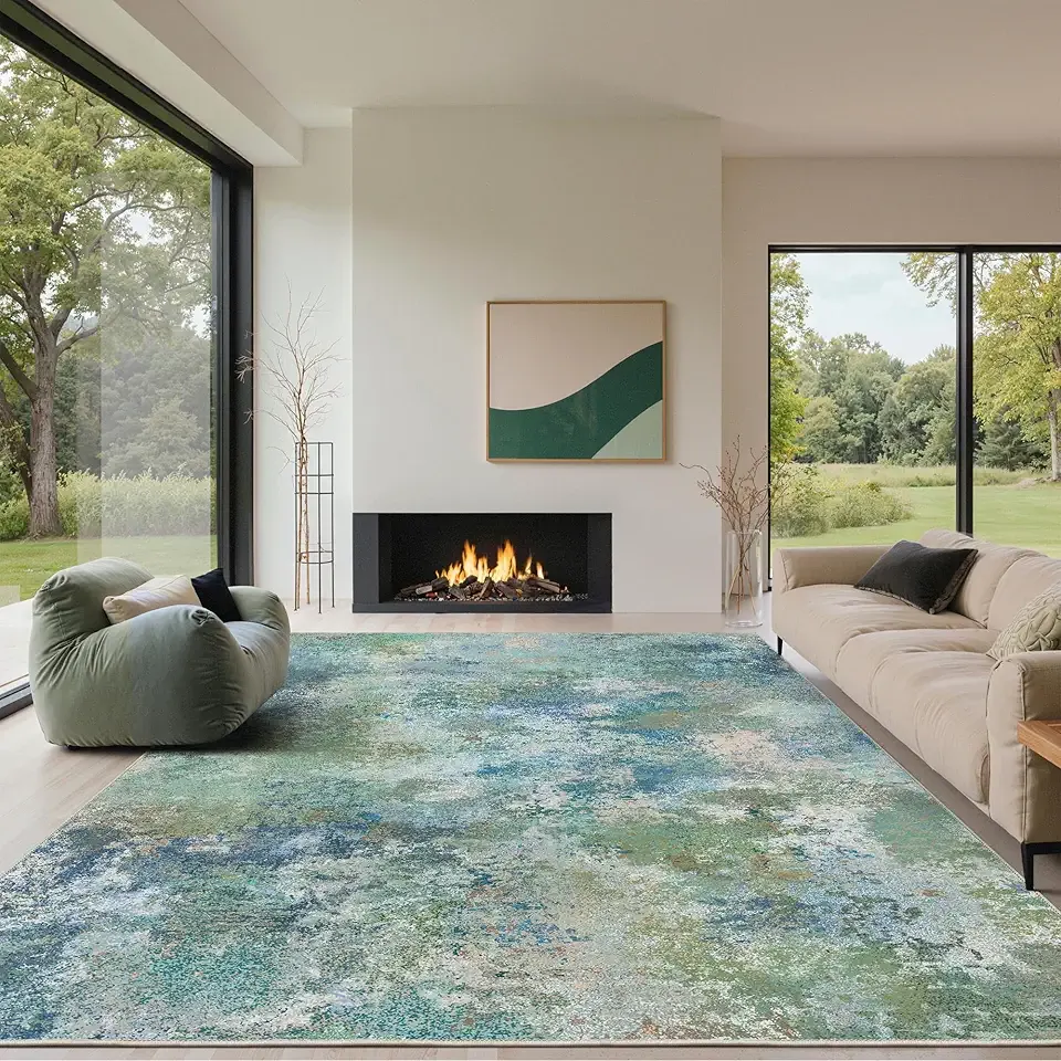 GENIMO Washable Rugs 8x10 Area Rugs for Living Room Bedroom, Modern Abstract Rug Ultra Soft Indoor Area Rugs 8x10 for Dining Room, Low Pile Carpet with Non Slip Backing, Abstract Blue Green