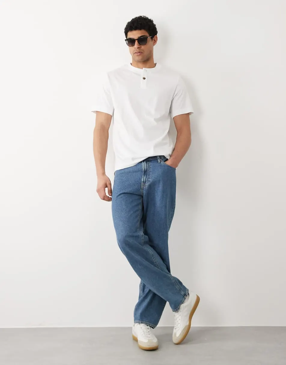 Selected heavyweight short sleeved henley t-shirt in white