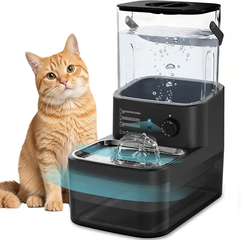 3L Filterless Cat Water Fountain, Wireless, Wastewater Separation,Black | 4000mAh Rechargeable Battery,Motion Sensor Activation,Separate Water Tanks,Gravity Water Refill,Stainless Steel Bowls,Quiet