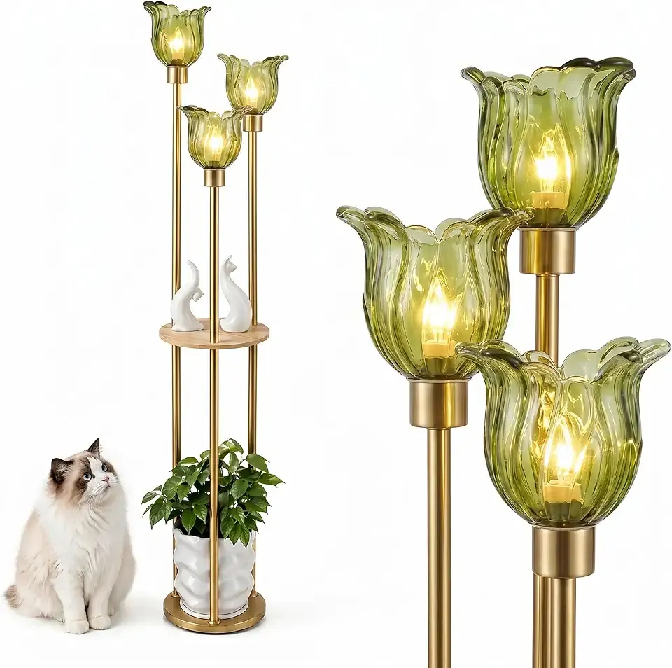 Fiqevs Modern Gold Floor Lamp with 3 Crystal Shades and Shelves, 3-Light Standing Lamp with Foot Switch for Living Room, Bedroom, Study, Office, FWGGEEN02