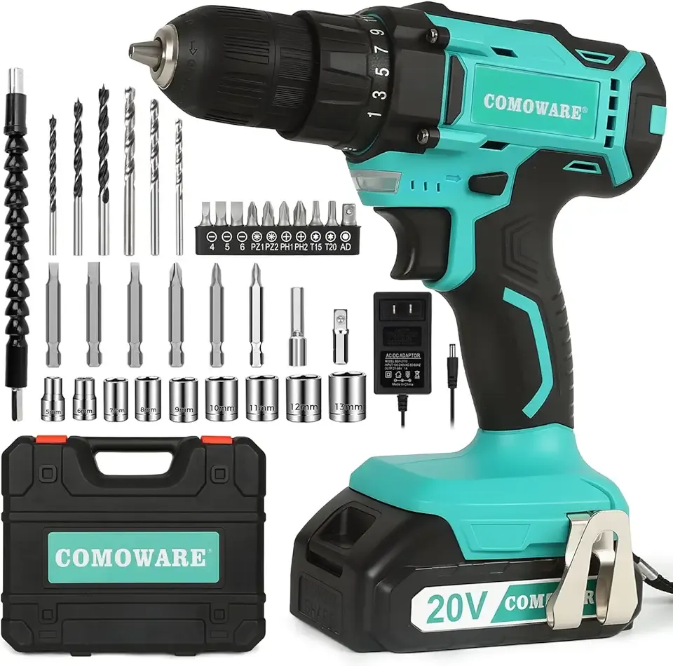 COMOWARE 20V Cordless Drill, Electric Power Drill Set with 1 Battery & Charger, 3/8” Keyless Chuck, 2 Variable Speed, 266 In-lb Torque, 25+1 Position and 34pcs Drill/Driver Bits