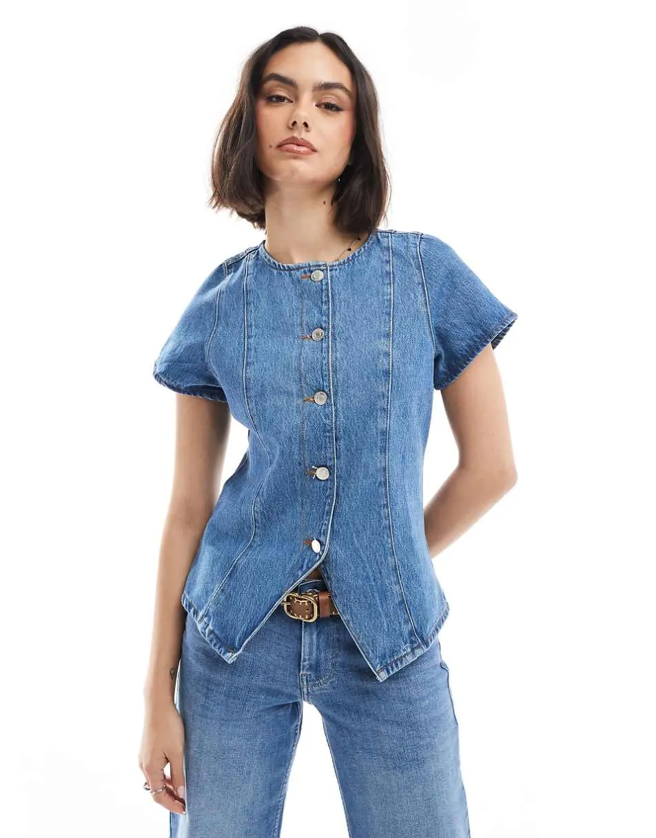 ASOS DESIGN denim button up short sleeve top in mid blue