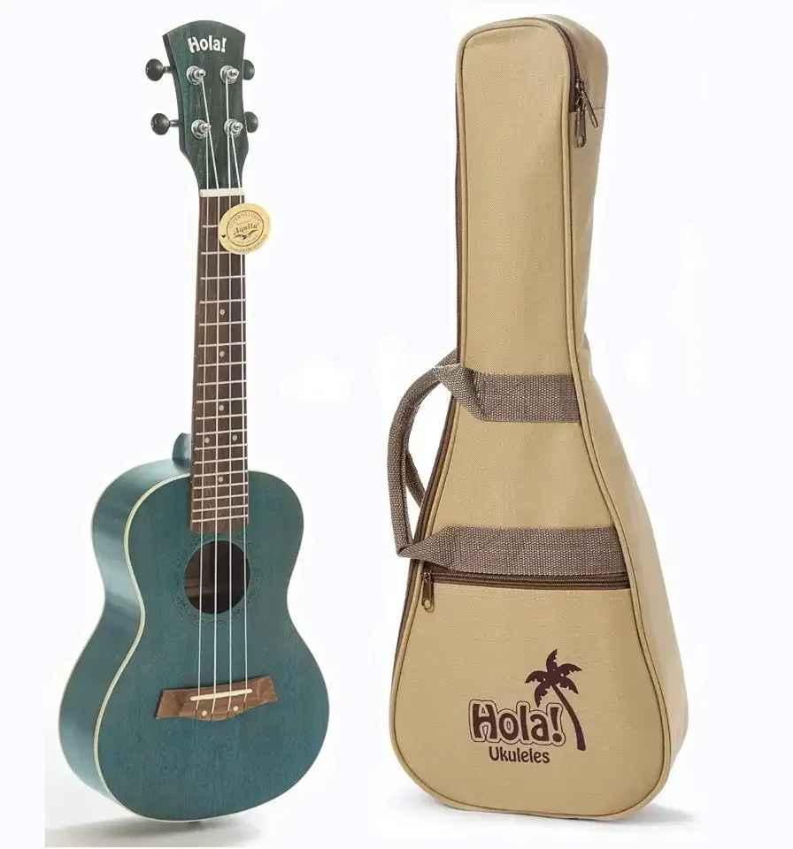 Concert Ukulele Bundle, Deluxe Series by Hola! Music, 24 Inch Mahogany Ukulele with Aquila Nylgut Strings Installed, Padded Gig Bag, Strap and Picks - Blue