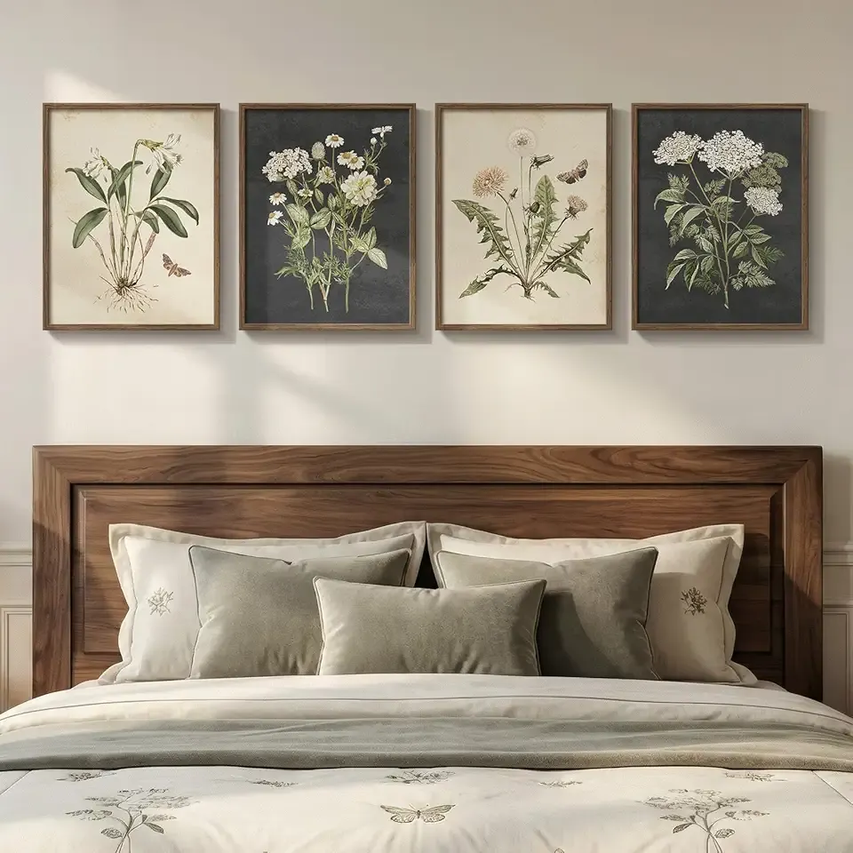 Framed Vintage Botanical Wall Art Bedroom, 4 Piece Rustic Farmhouse Floral Canvas Prints Artwork, Neutral Flower Butterfly Pictures for Modern Farmhouse Living Room Kitchen Bathroom Wall Decor, 11x14