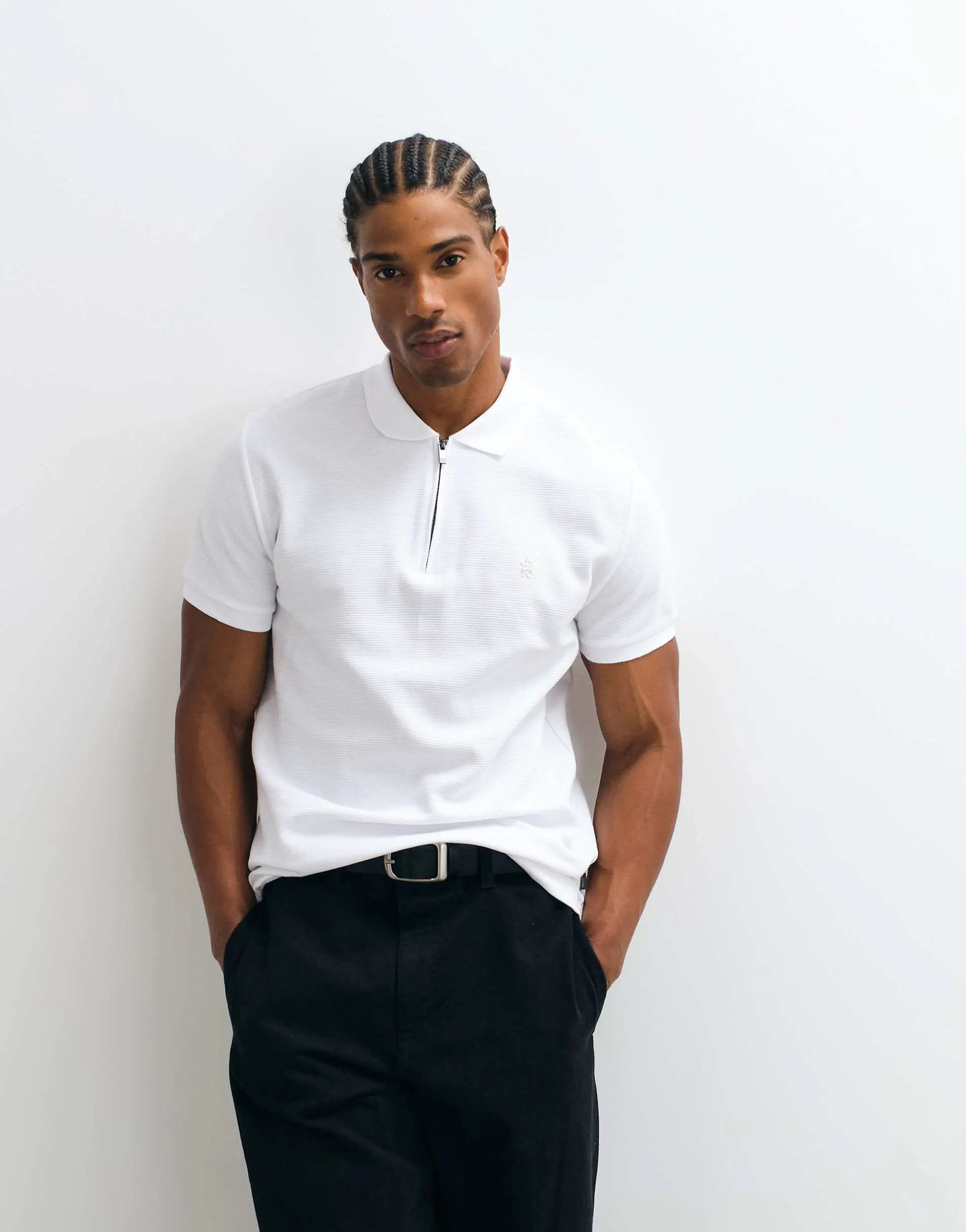 French Connection ottoman quarter zip polo shirt in white