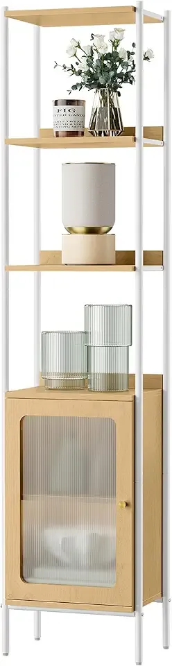 6-Tier Bookcase, Slim Bookshelf with PC Door, Freestanding Storage Shelf with Metal Frame, Adjustable Shelf, for Living Room, Oak Beige and Pearl White ULLS123W57