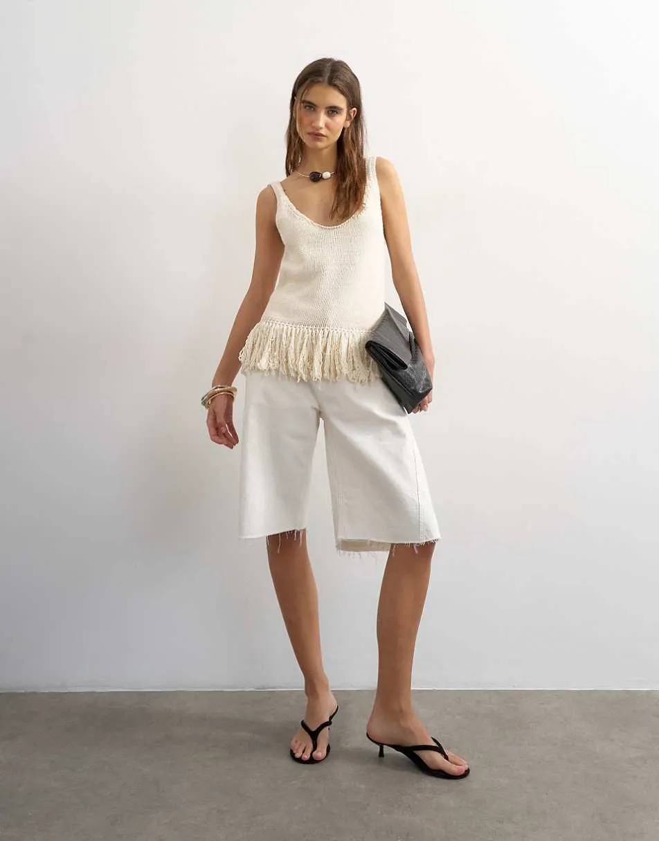 Topshop knitted fringe top in ecru