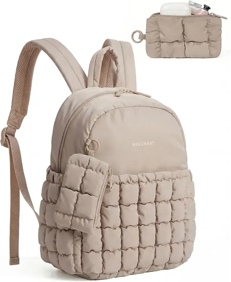 Mini Backpacks for Women, Puffy Checkered Quilted Small Backpack with Pouch, Lightweight Daypack Purse, Water-Resistant Bookbag for Daily Travel College, 2-in-1 Set, Brown