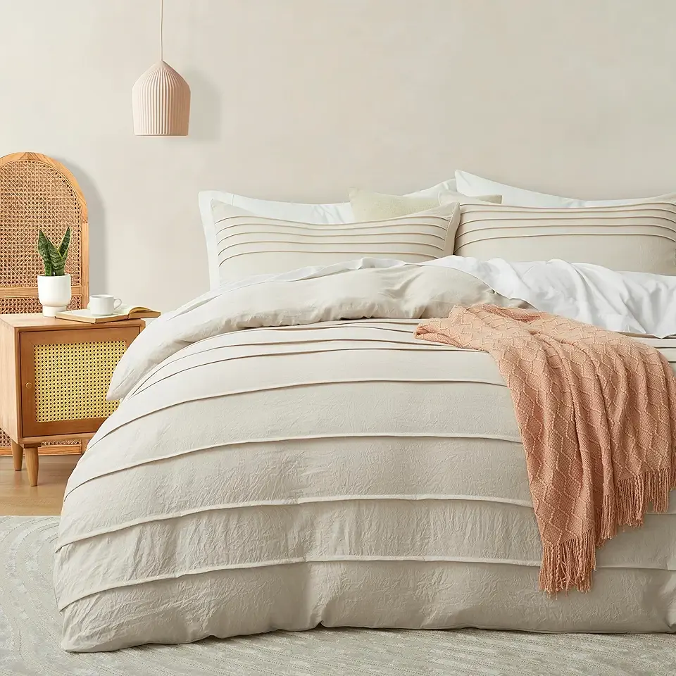 Oli Anderson Beige Duvet Cover King Size - Pleated King Duvet Cover, 3PCS Soft and Breathable Textured Bedding Set with Zipper Closure(Beige,104"x90")