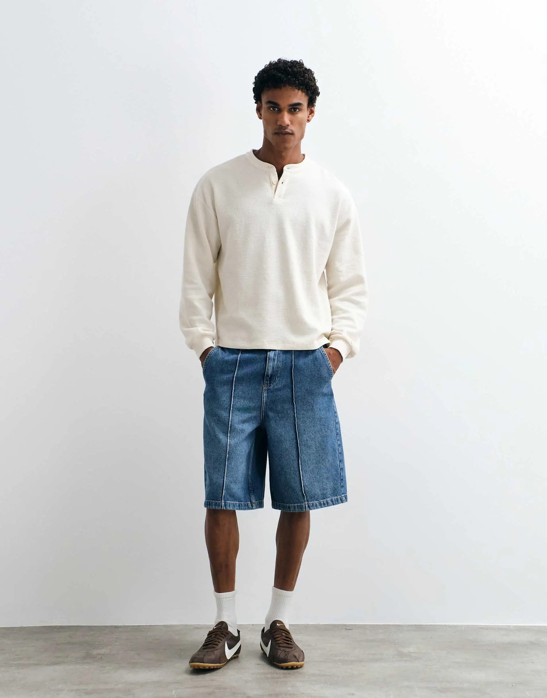 ASOS DESIGN loose longer length jorts in light wash blue with pintuck - LBLUE