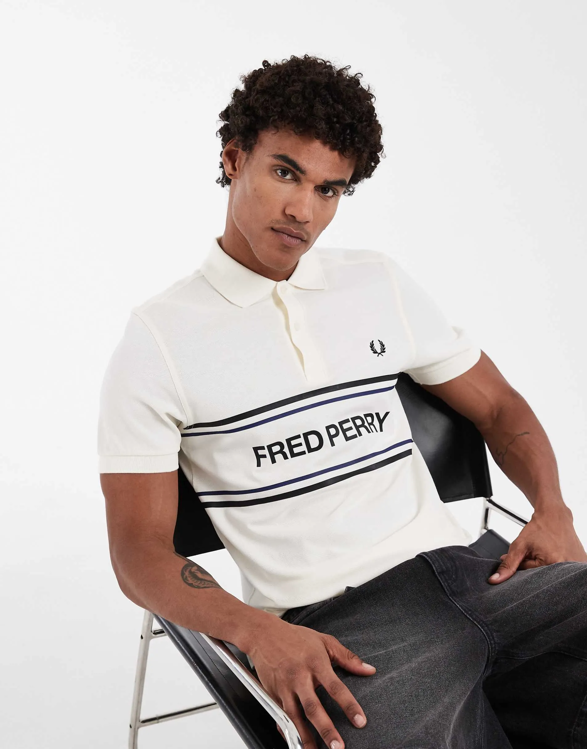 Fred Perry text logo graphic polo shirt in ecru
