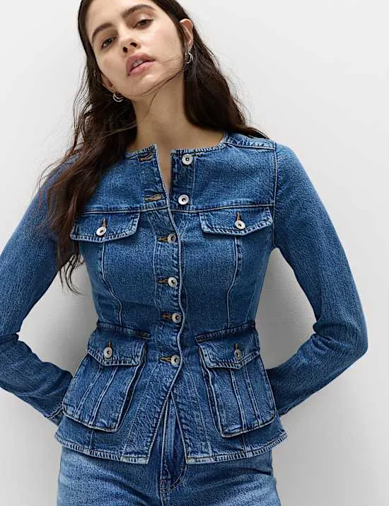 Denim Collarless Fitted Utility Jacket
