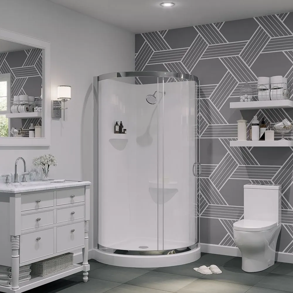 Ove Decors Breeze 36-inch x 36-inch x 36-inch Round Corner Shower Kit in White and Chrome with Corner Drain