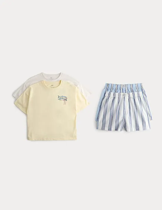 Kids' 2pk Pure Cotton Shell and Stripe Pyjamas (6-16 Yrs)