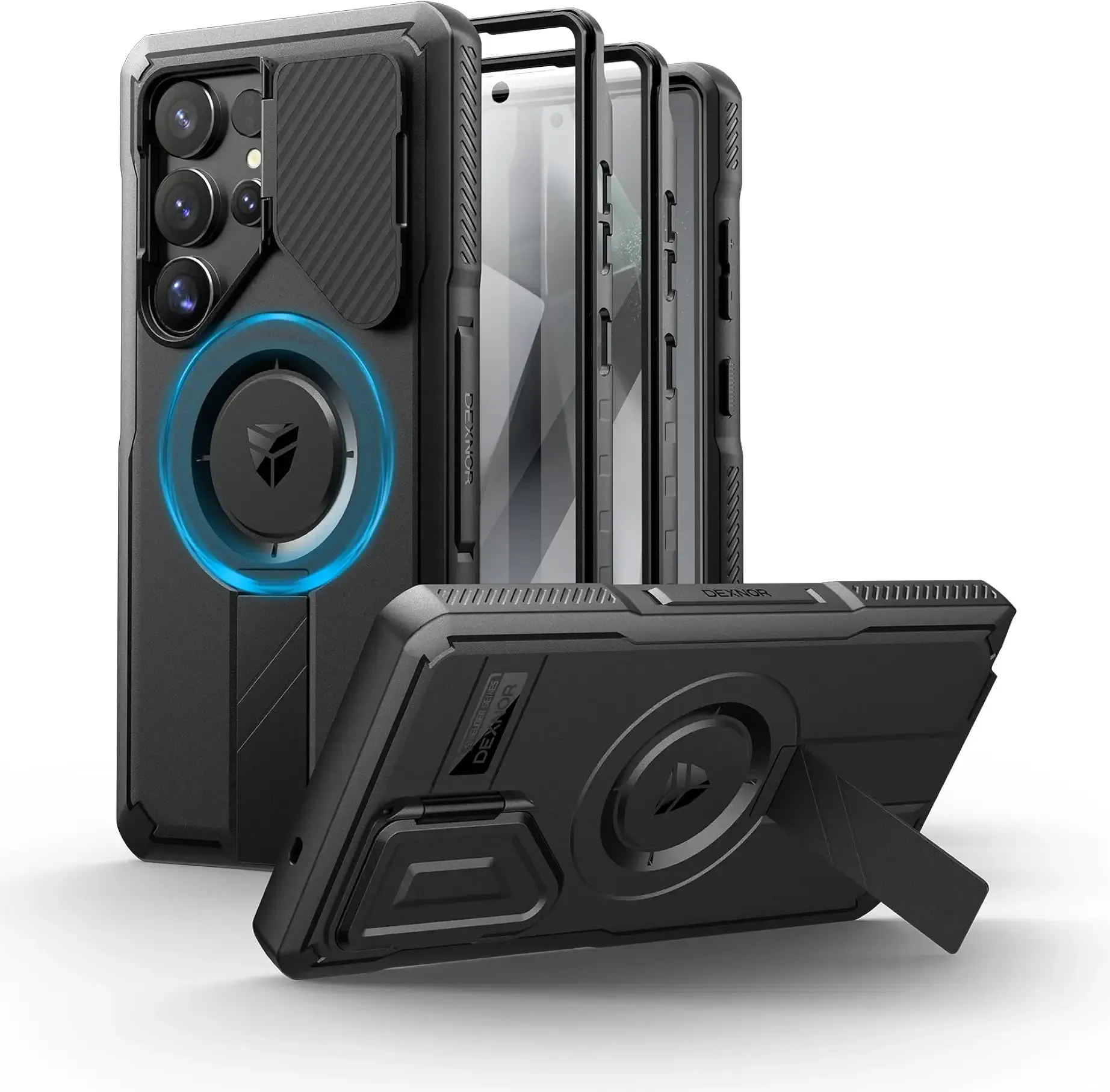 Dexnor for Samsung Galaxy S25 Ultra Case with Camera Cover & Adjustable Kickstand & Built-in Screen Protector, Magnetic Rugged Shockproof Bumper Cases Heavy-Duty Magnetic Protective Cover(2025),Black | with Camera Cover