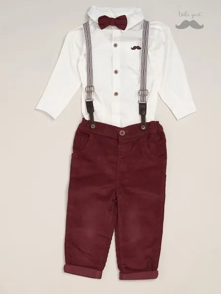 Little Gent Corduroy Bow Tie Mock Shirt and Trousers With Braces Outfit Set
