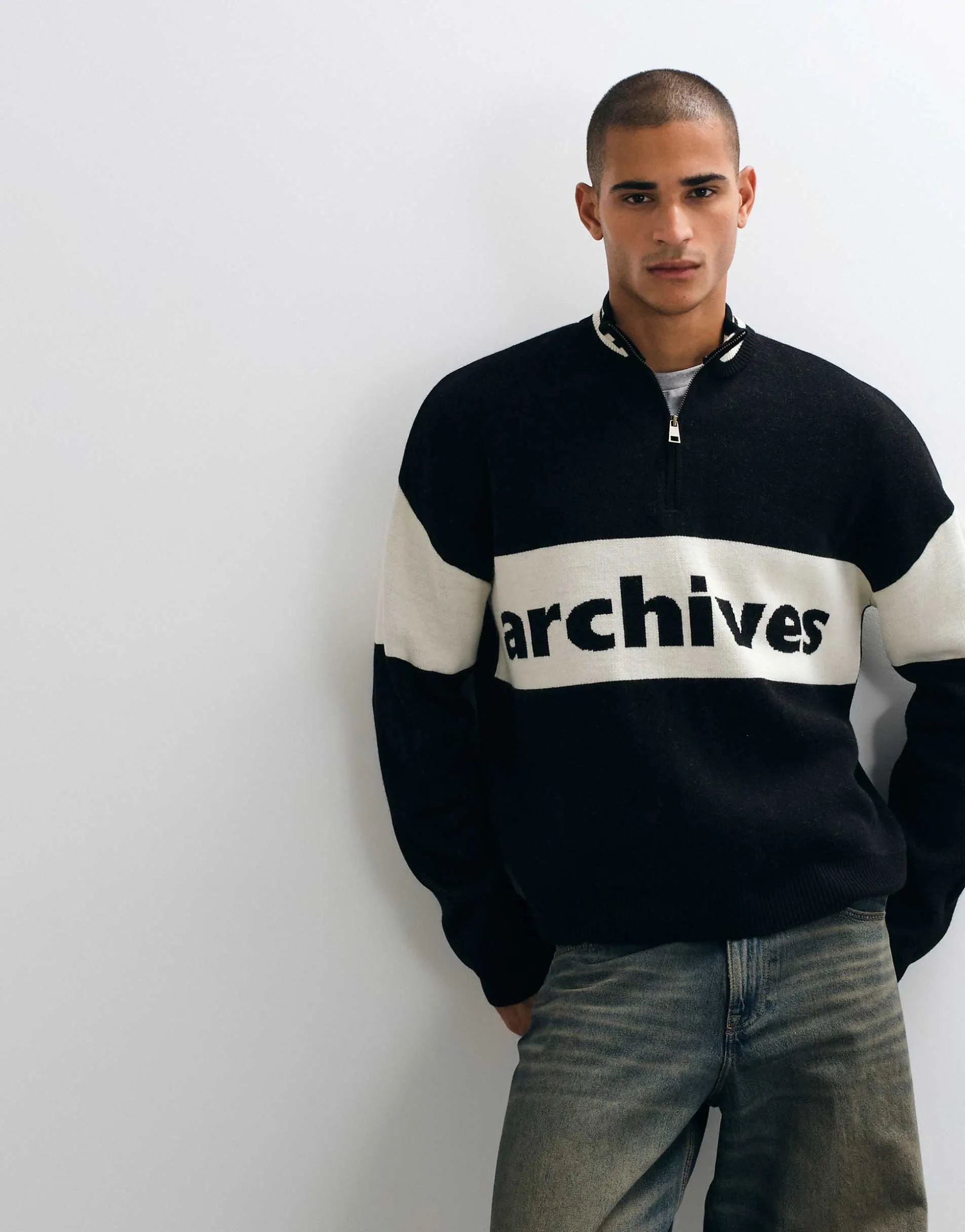 ASOS DESIGN oversized knitted half zip with beige panel and print in black